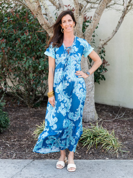 Brigida Short Sleeve Blue Maxi Dress by Moda Posa