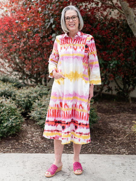 Pink & Yellow Tie Dye A-Line Midi Dress by Noen