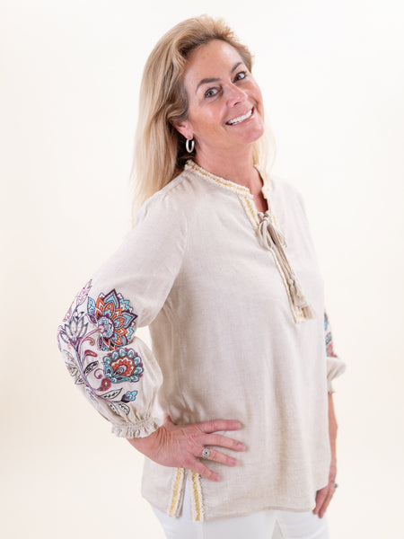 Tie Neck Top w/ Embroidered Sleeves by Tru Luxe