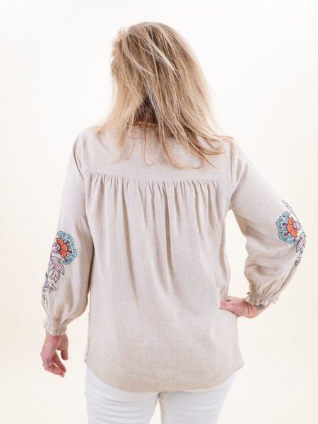 Tie Neck Top w/ Embroidered Sleeves by Tru Luxe