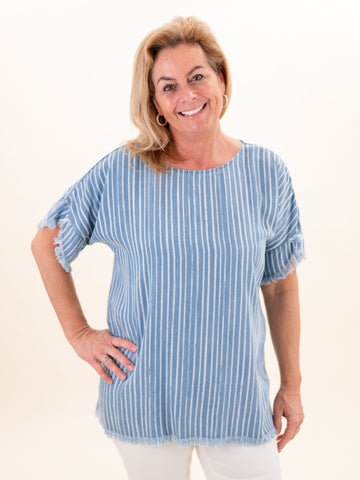 Short Sleeve Chambray Stripe Top by Tru Luxe