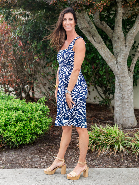 Lucy Dress Navy Tropical Leaf by La Mer Luxe