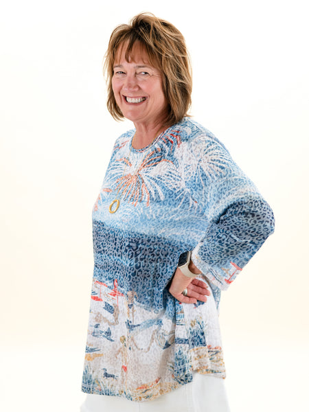 3/4 Sleeve Beach Print Top by Multiples