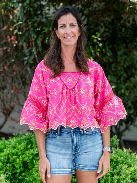 Vanna Eyelet Fuchsia Blouse by Moda Posa