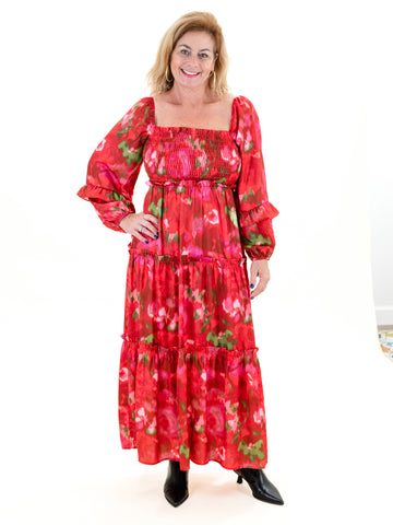 Floral Smocked Maxi Red/Pink by Peach Love Ca