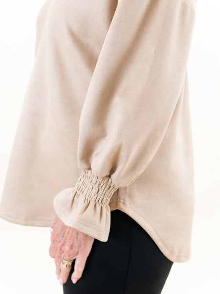 Ruffle Sleeve V-Neck Suede Top Taupe by Boho Chic