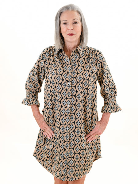 3/4 Sleeve Button Down Dress Brown/Grey by Boho Chic