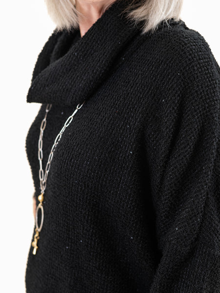 Cowl Neck Drop Shoulder Sweater Black by Boho Chic