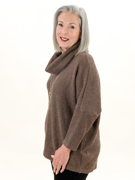 Cowl Neck Drop Shoulder Sweater Brown by Boho Chic