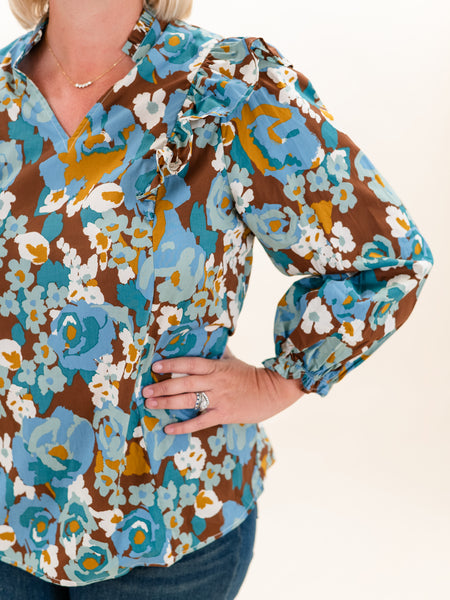 Floral Ruffle Blouse Blue Multi by First Love