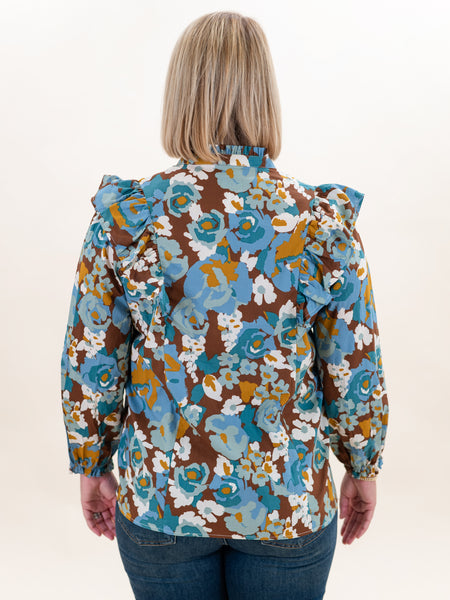 Floral Ruffle Blouse Blue Multi by First Love