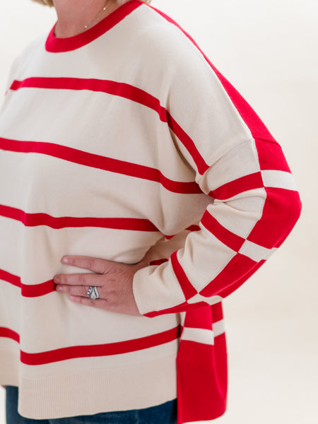 Red & Ivory Stripe Sweater by First Love