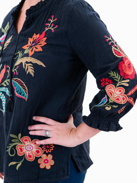 Embroidered Tie Neck Top by Tru Luxe