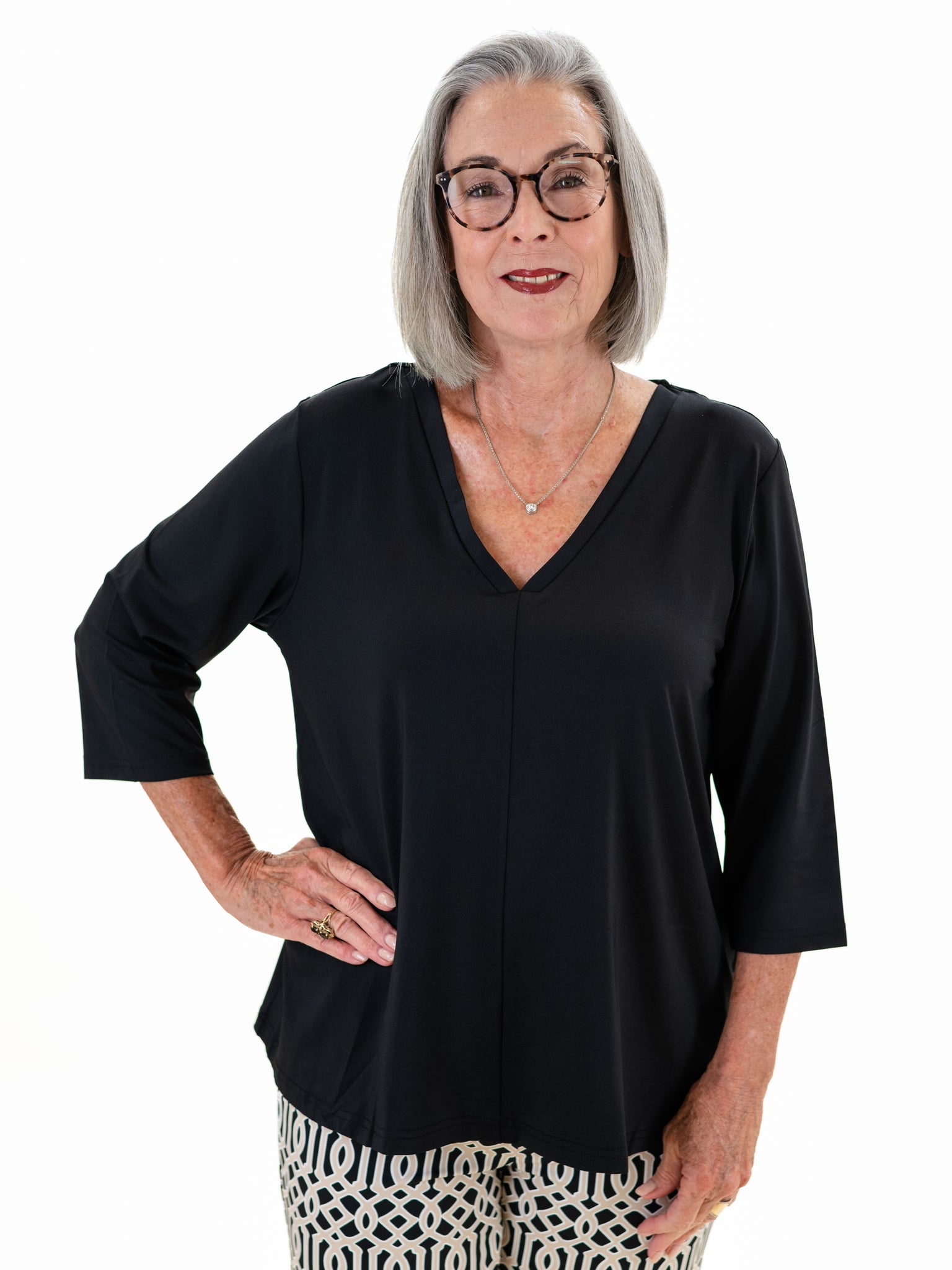 3/4 Sleeve Solid VNeck Top Black by Lulu B