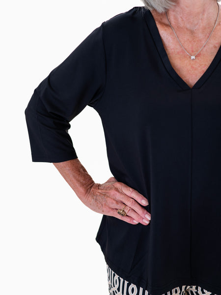 3/4 Sleeve Solid VNeck Top Black by Lulu B