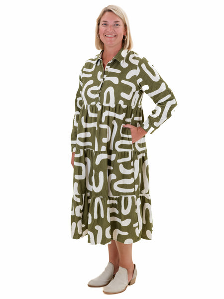 Printed Cord Maxi Dress Olive by Orientique