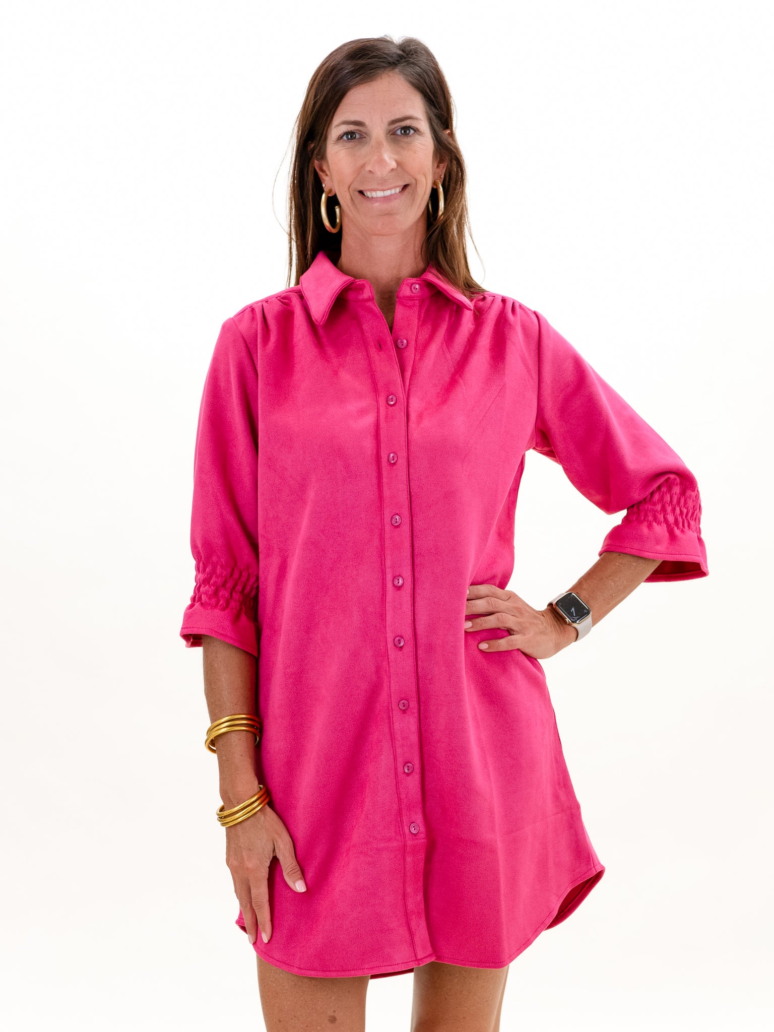 3/4 Sleeve Suede Dress Hot Pink by Boho Chic