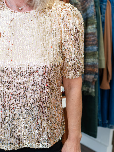 Round Neck Puff Shoulder Sequin Top by Coastal Couture