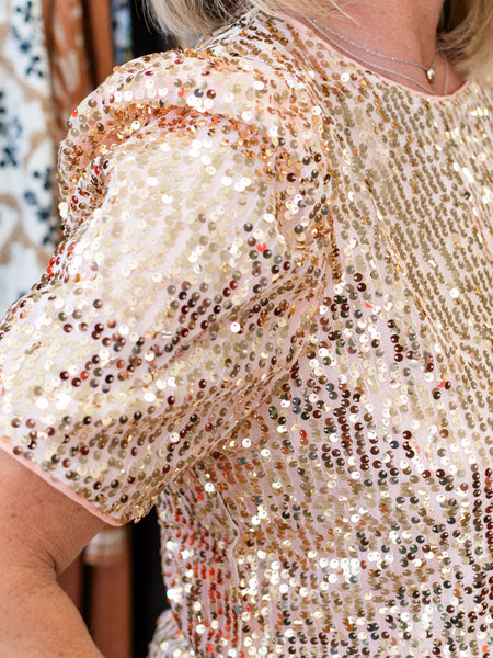 Round Neck Puff Shoulder Sequin Top by Coastal Couture