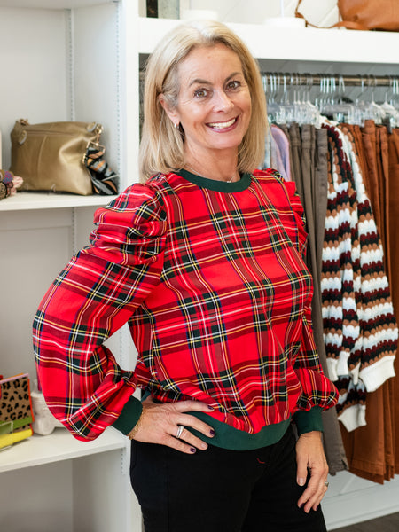 Christmas Plaid Exaggerated Shoulder Sleeve Top by Coastal Couture