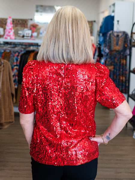 Round Neck Puff Shoulder Sequin Top by Coastal Couture