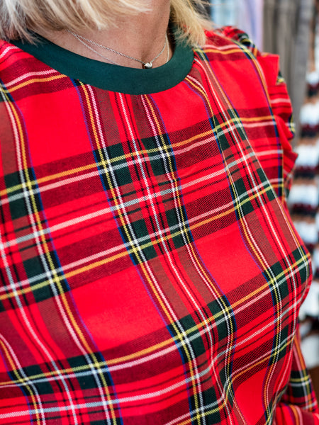 Christmas Plaid Exaggerated Shoulder Sleeve Top by Coastal Couture
