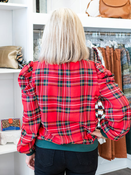 Christmas Plaid Exaggerated Shoulder Sleeve Top by Coastal Couture