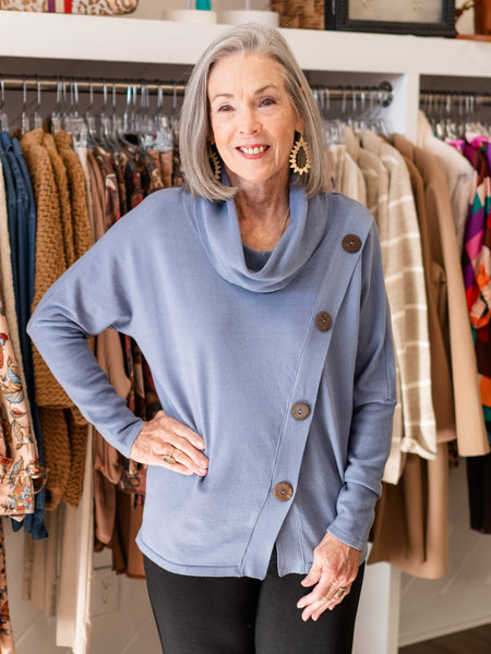 Asymmetrical Button Cowl-Neck Top by Lulu B