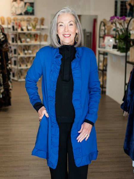 Ruffle-Trim Open-Front Cardigan Sapphire by Lulu B