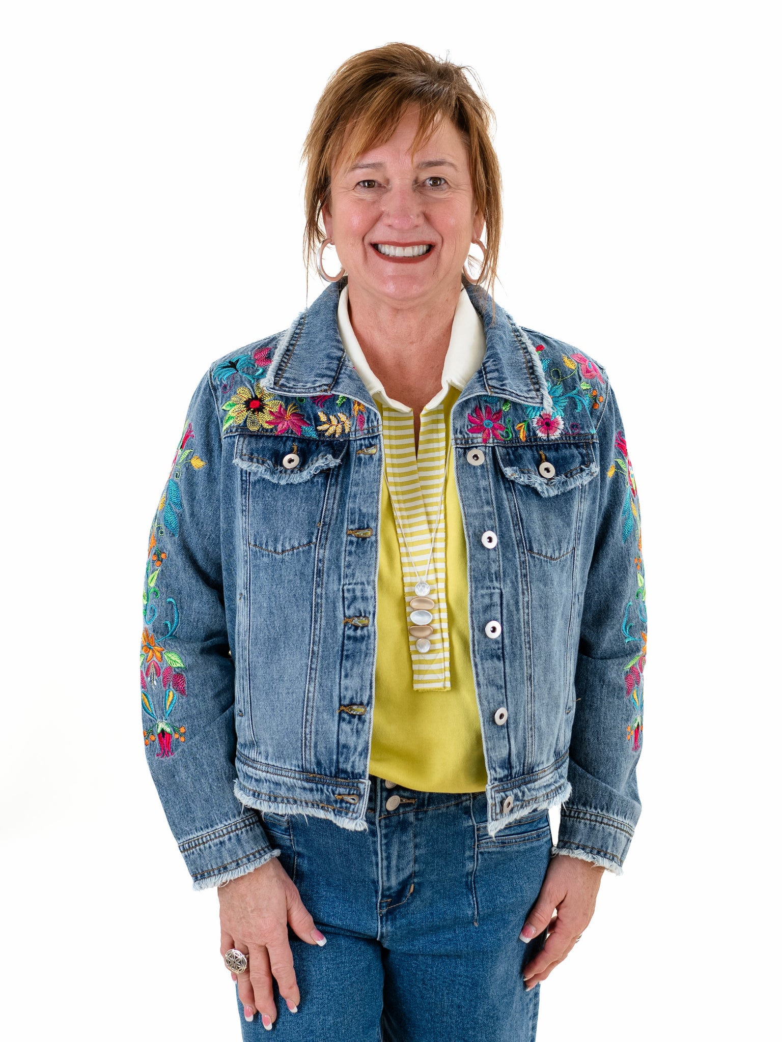 Embroidered Denim Jacket w/ Fraying by John Mark