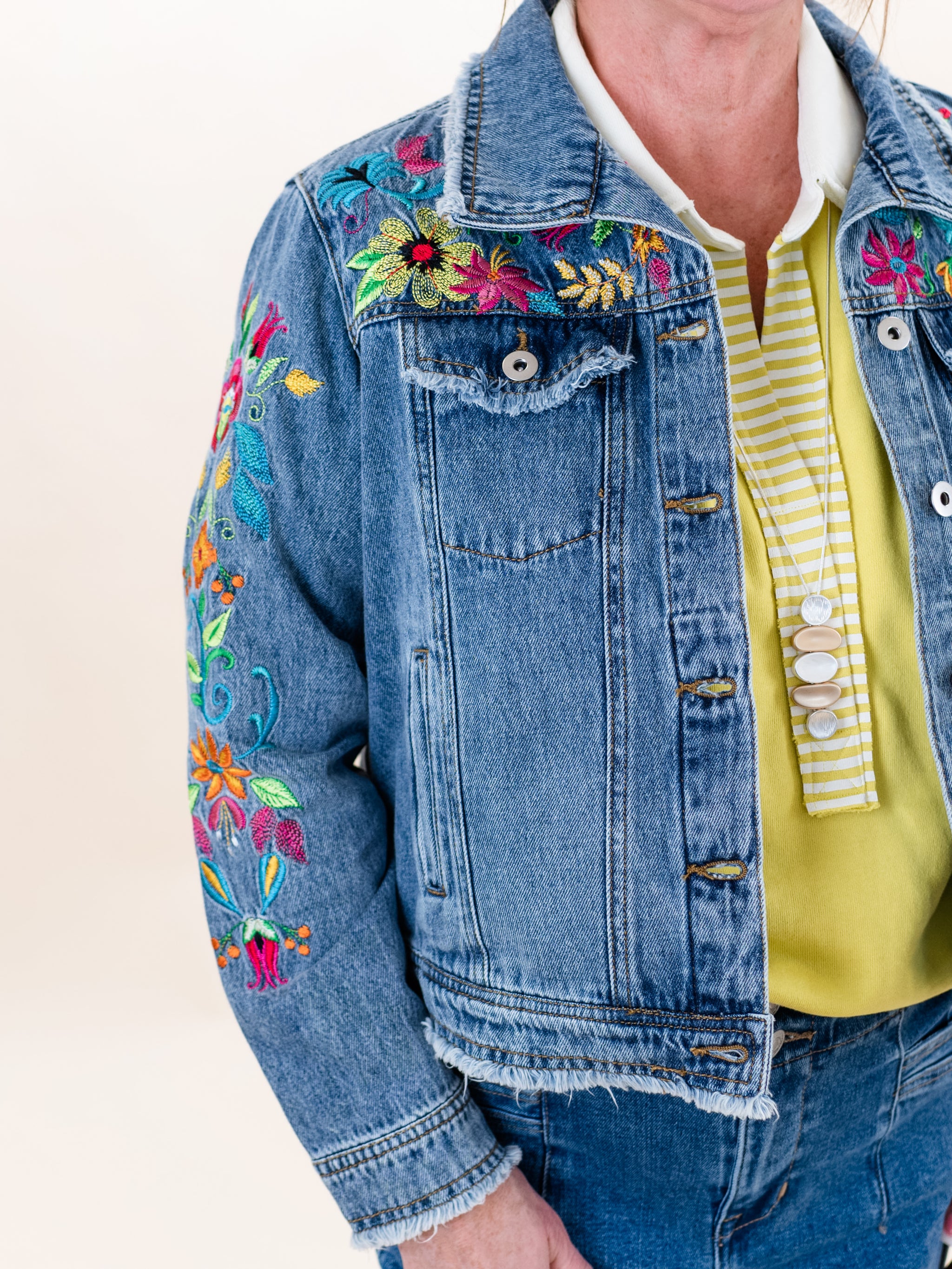 Embroidered Denim Jacket w/ Fraying by John Mark – Tassels