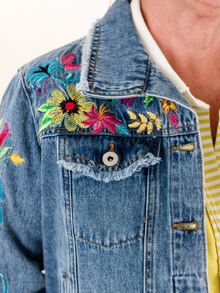 Embroidered Denim Jacket w/ Fraying by John Mark