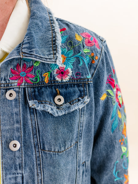 Embroidered Denim Jacket w/ Fraying by John Mark