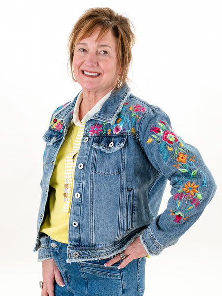 Embroidered Denim Jacket w/ Fraying by John Mark