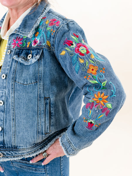 Embroidered Denim Jacket w/ Fraying by John Mark