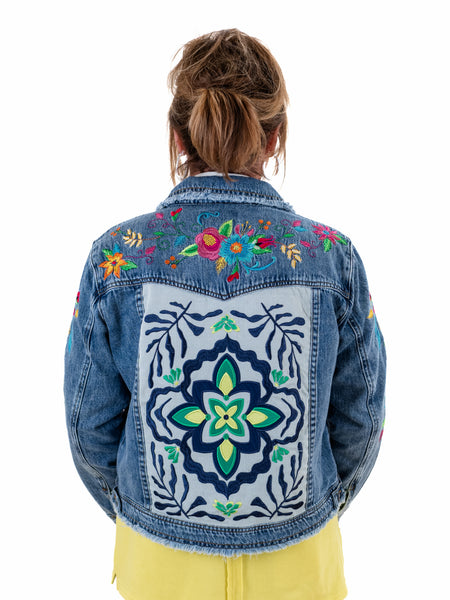 Embroidered Denim Jacket w/ Fraying by John Mark