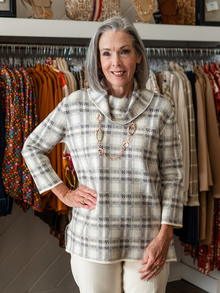 Plaid Textured Cowl-Neck Top by Multiples