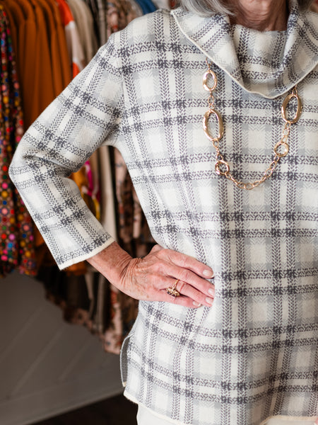 Plaid Textured Cowl-Neck Top by Multiples