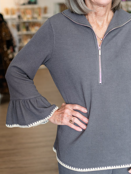 Zip Front 3/4 Flounce Sleeve Top by Multiples