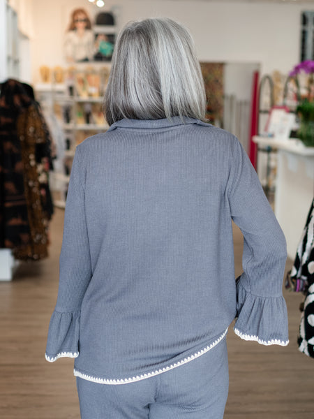 Zip Front 3/4 Flounce Sleeve Top by Multiples