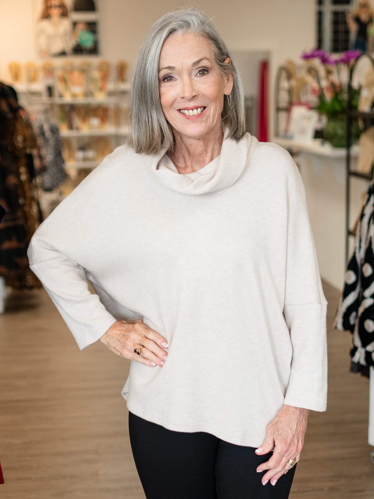 Cowl Neck Buttonback Tunic Beige by Boho Chic