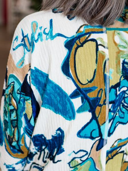 Drawstring Cowl Neck Print Top by Multiples