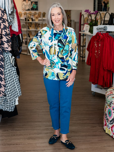 Drawstring Cowl Neck Print Top by Multiples