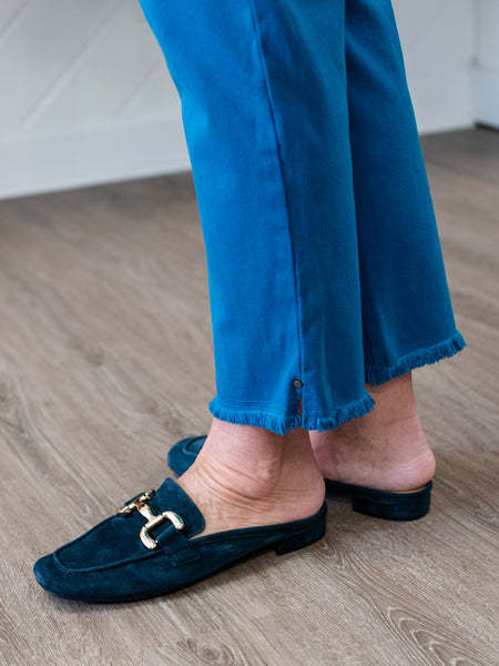 Denim Ankle Jean w/ Fringe Hem Peacock by Multiples