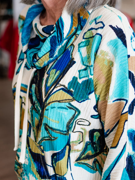 Drawstring Cowl Neck Print Top by Multiples