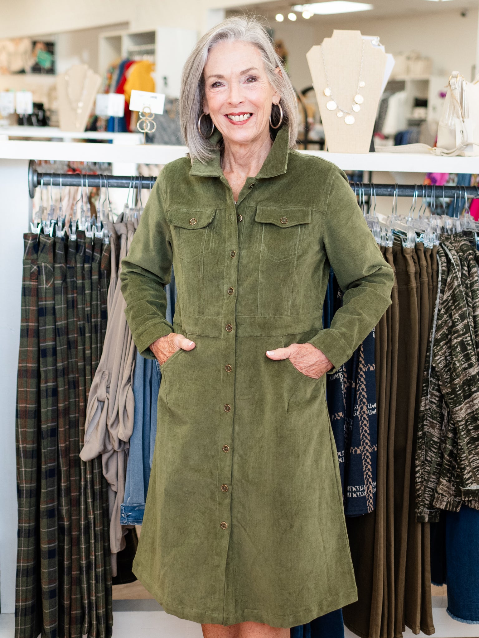 Corduroy Button Dress Olive by Orientique