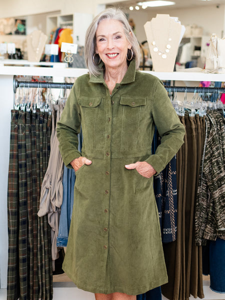 Corduroy Button Dress Olive by Orientique