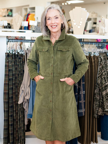 Corduroy Button Dress Olive by Orientique