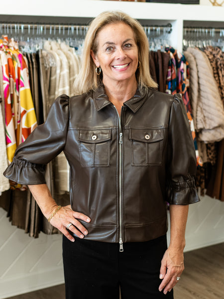 Brown Short Sleeve Pleather Jacket by Boho Chic