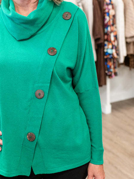 Asymmetrical Button Sweater Emerald by Lulu B